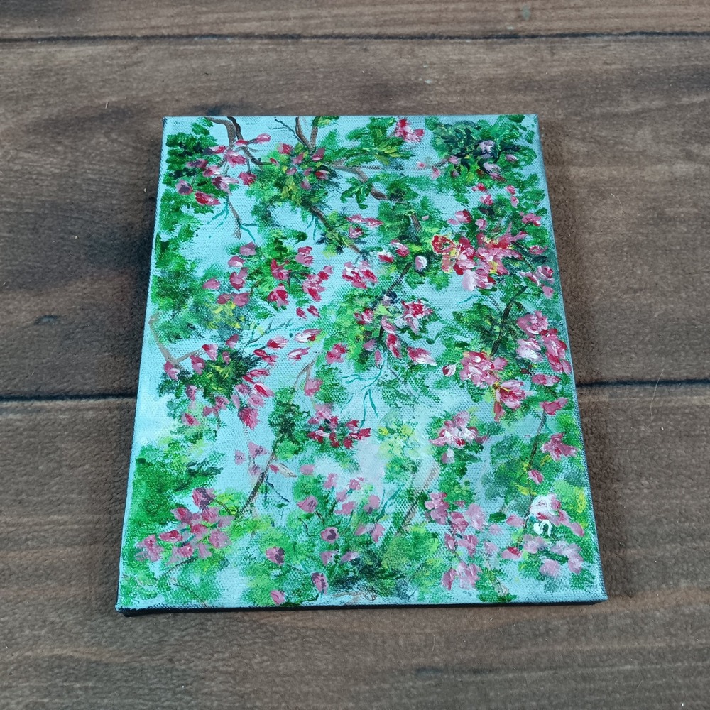 Original Cherry Blossom Acrylic Painting on Canvas 8x10 Pink Floral Art Signed S